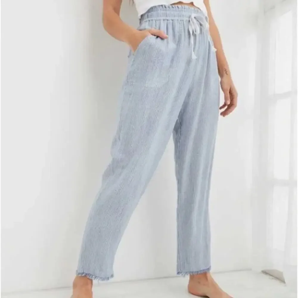 Aerie Real Good Gauze High Waisted Pant Size Small Pinstripe Blue & White - Picture 5 of 13